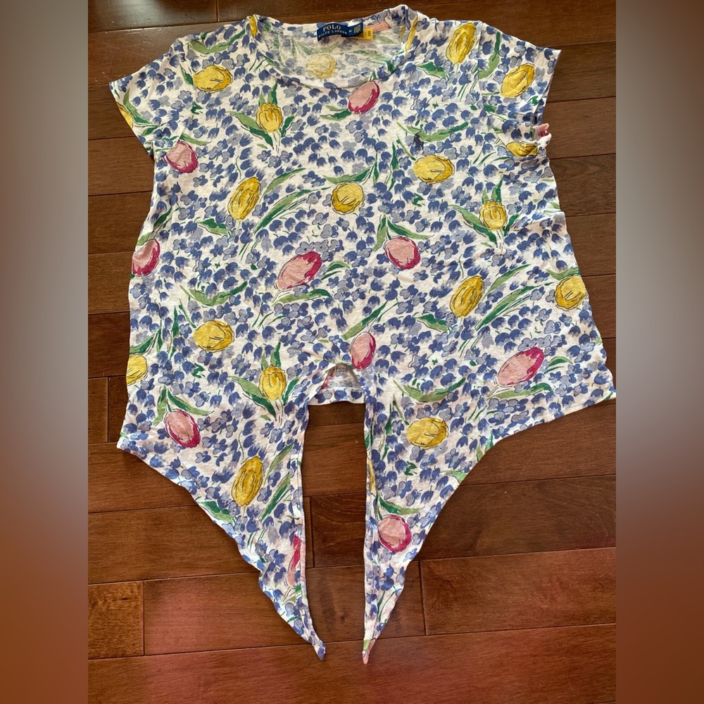 Polo Ralph Lauren Women's Spring Collection Blue Tulips Floral Top Size M